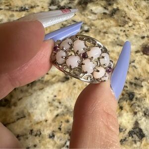 Peruvian opal and rhodolite garnet cabochon sterling silver ring